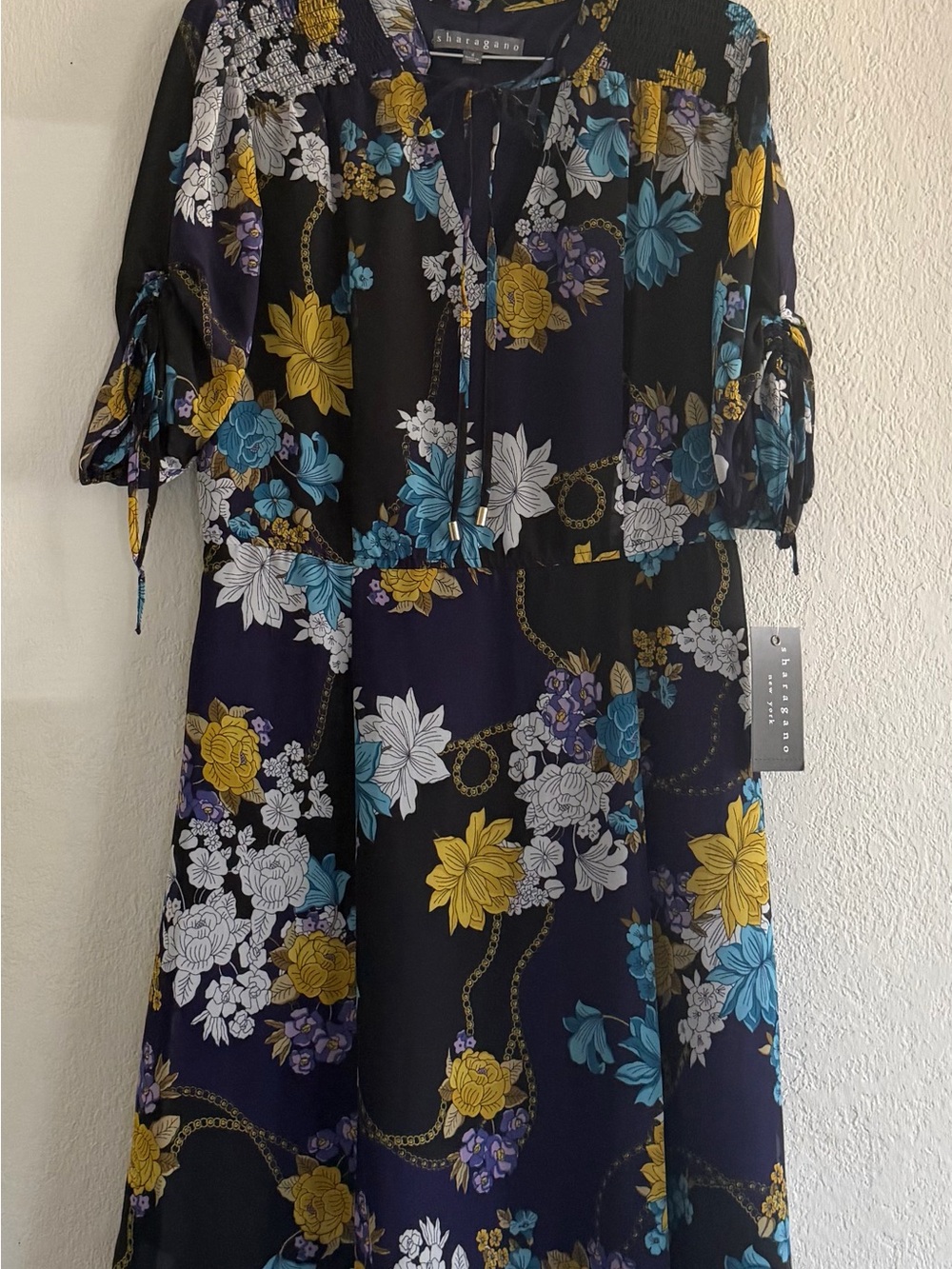 Sharagono New York Black Floral Midi Dress with Yellow, Blue & White Blooms